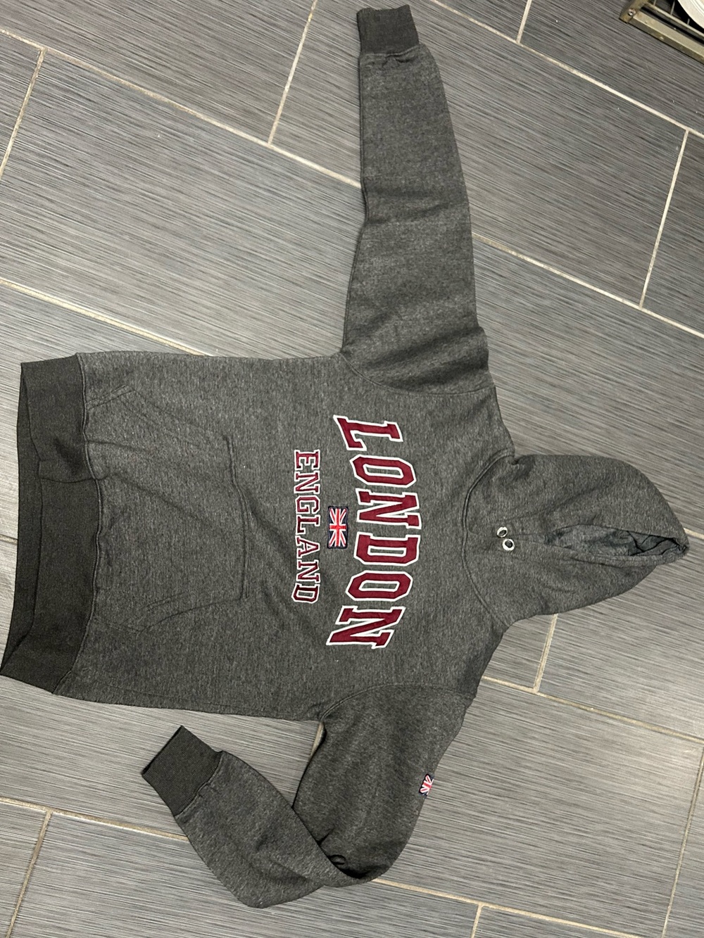 London England Gray Hoodie with Stitched Maroon Lettering